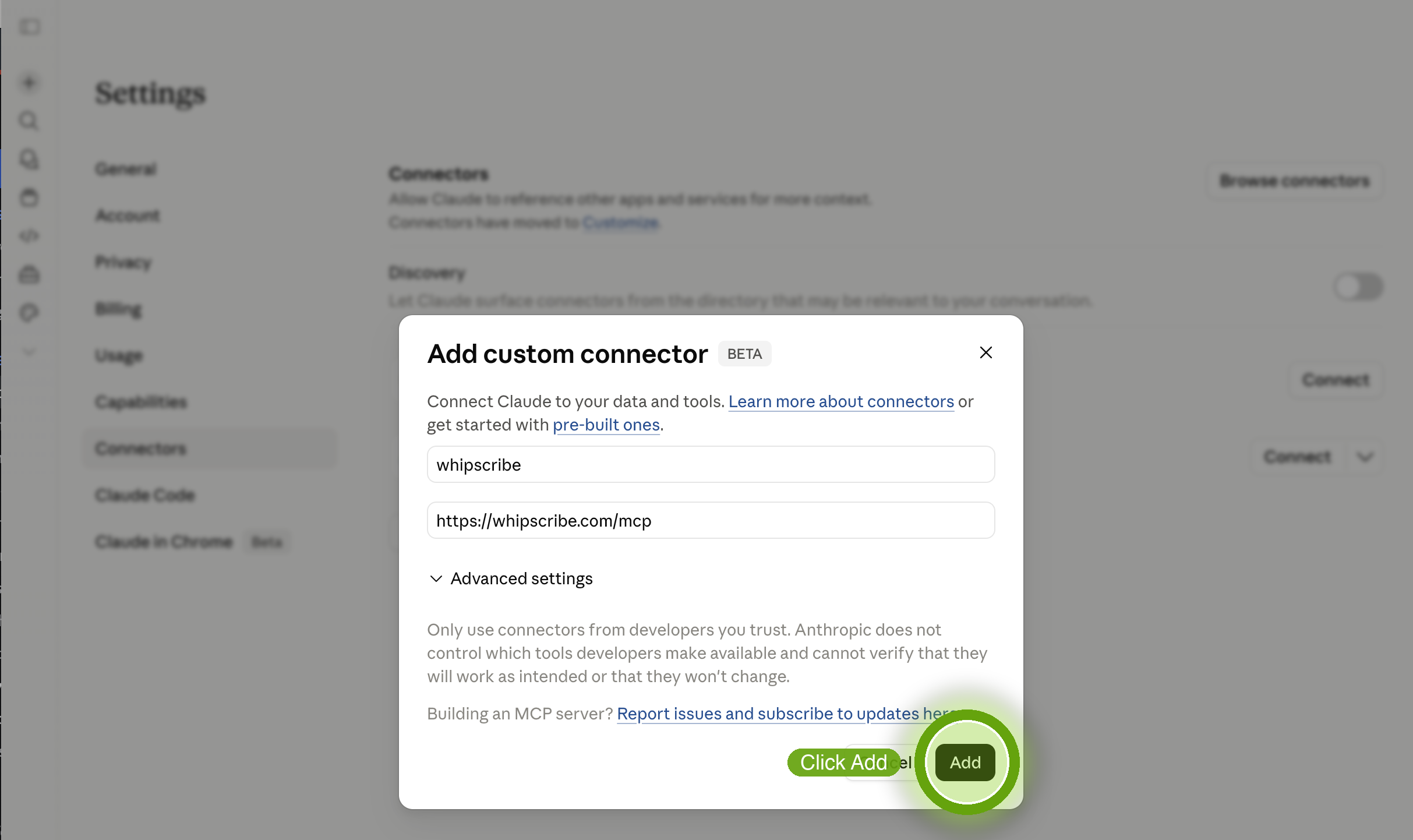 Click the Add button to register the connector