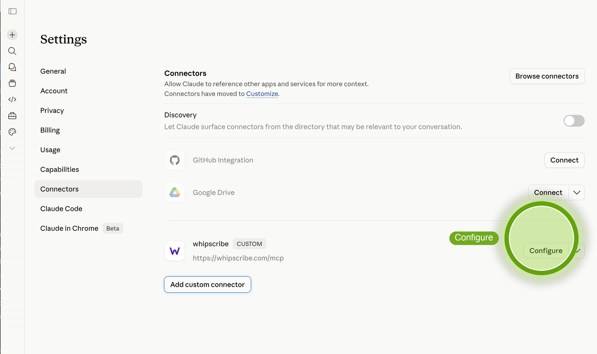 Whipscribe row appears with a Configure button
