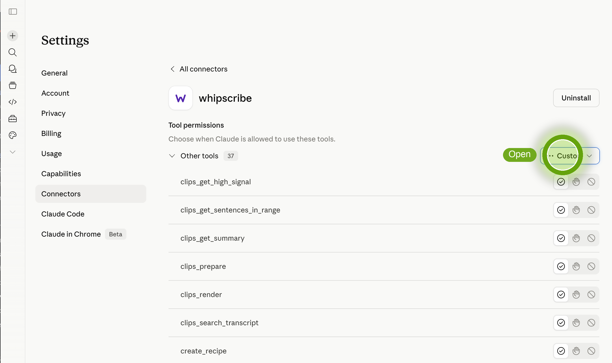 Open the Custom permissions dropdown