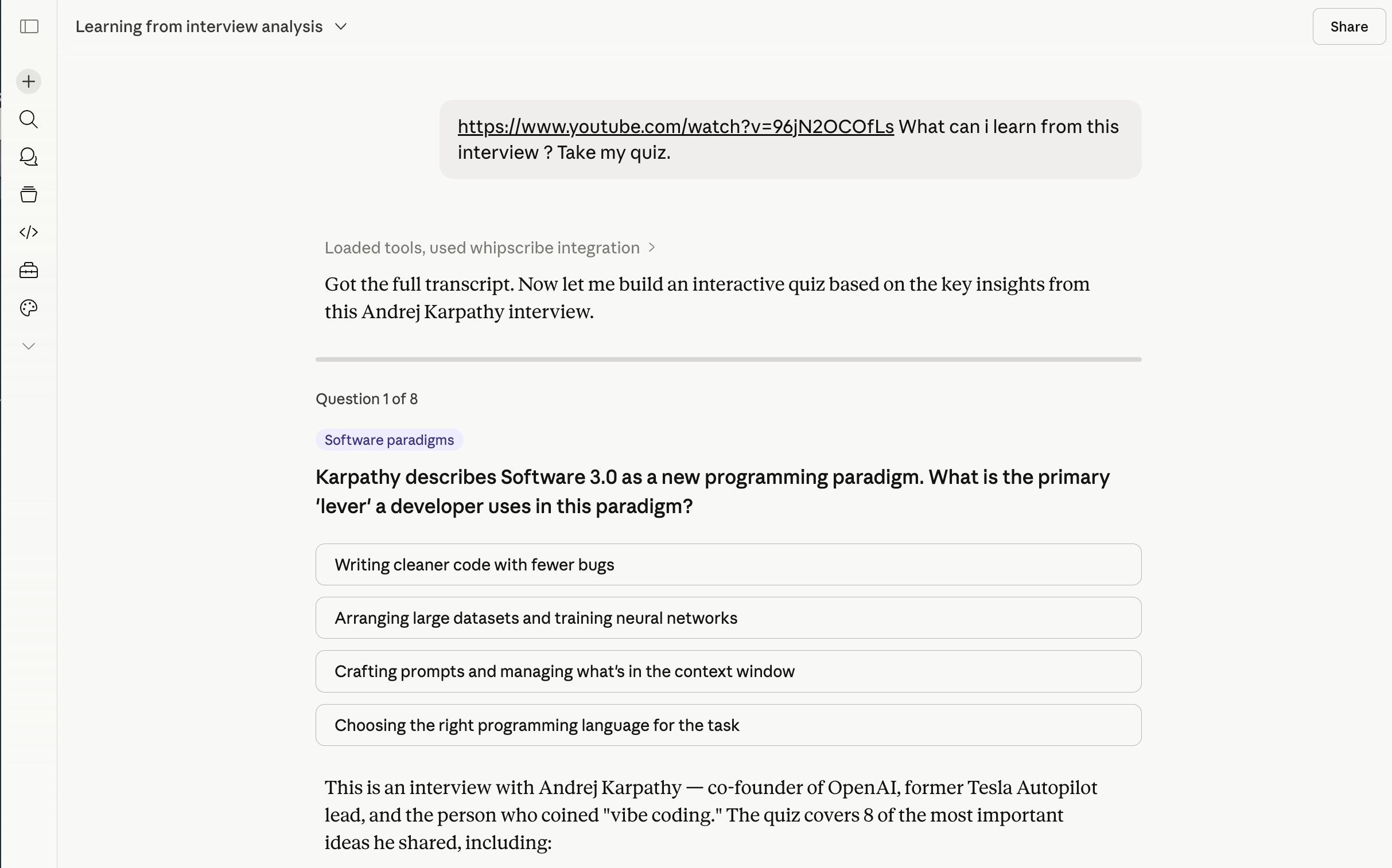 Sample question from the Karpathy quiz inside Claude chat