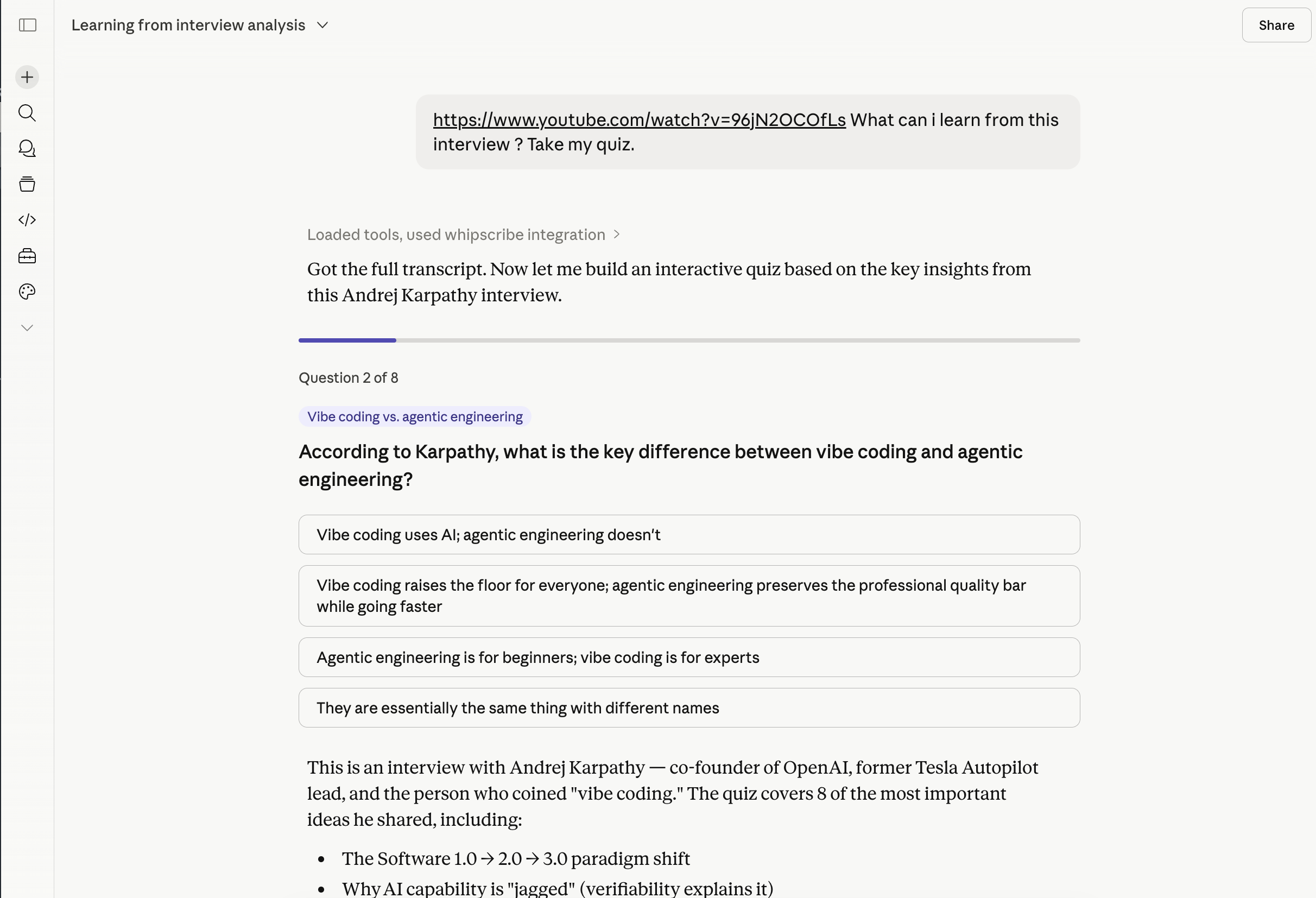 MCQ Question 2 of 8 from an Andrej Karpathy interview, tagged by topic